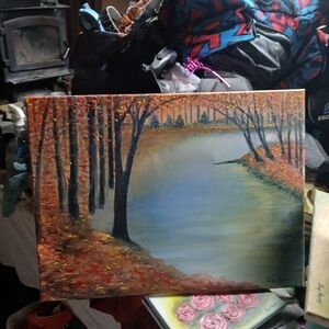 landscape painting of a lake surrounded by trees in autumn, Joey Haynes 24x18"